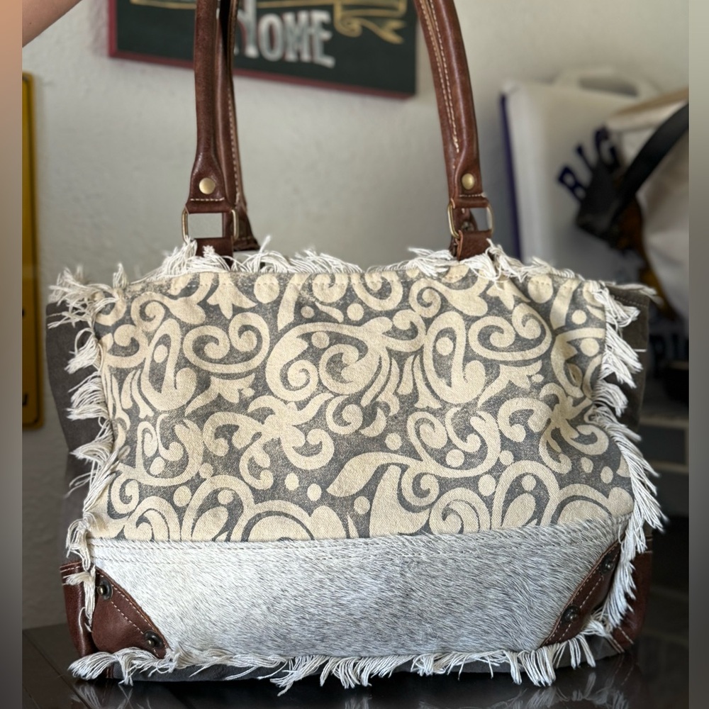 Myra Bag Leaf Print Shoulder Bag Cowhide Leather Handbag Purse